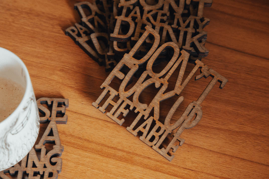 Funny Wooden Text Coasters – Humorous & Friendly Messages (Set of 8)