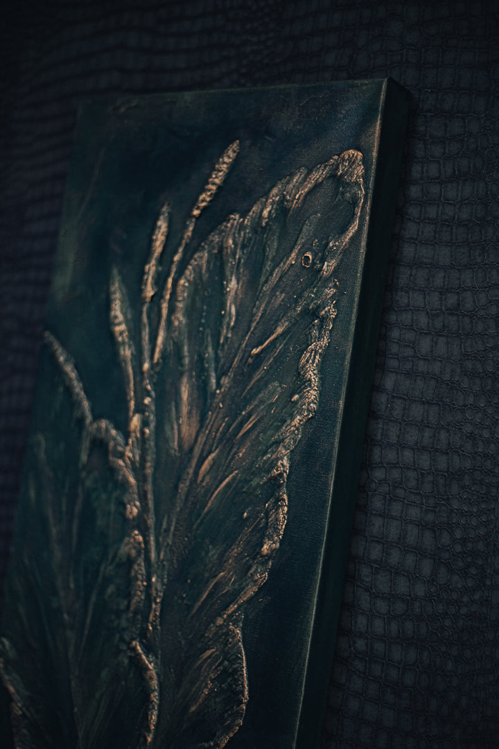 Textured Exotic Leaf Wall Art – Dark Green & Gold