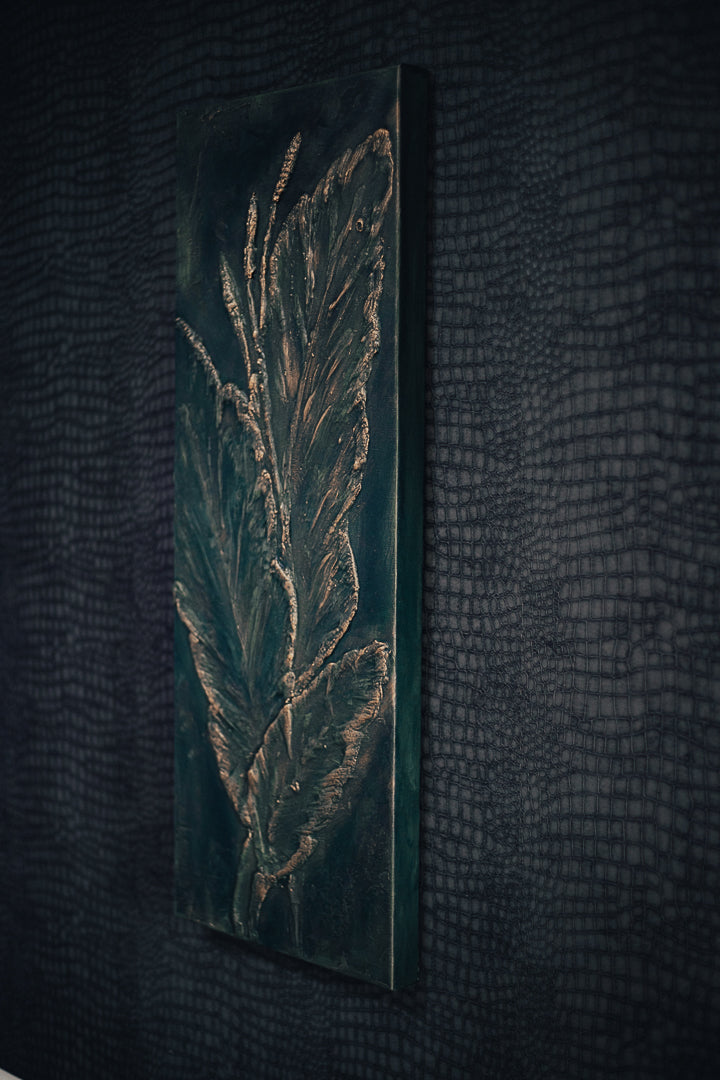 Textured Exotic Leaf Wall Art – Dark Green & Gold