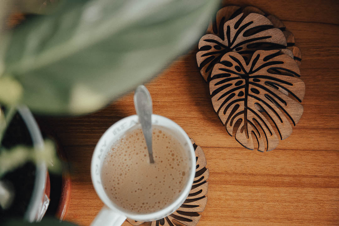 Handcrafted Wooden Leaf Coasters – Exotic Design in English Tan (Set of 6)