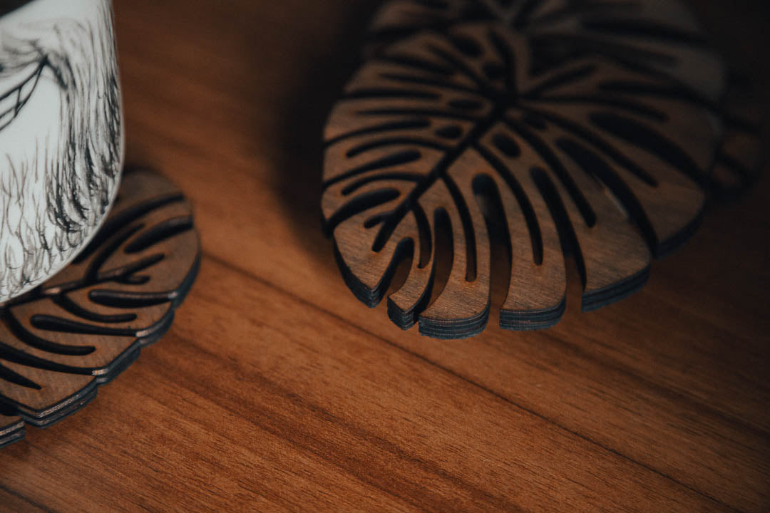 Handcrafted Wooden Leaf Coasters – Exotic Design in English Tan (Set of 6)