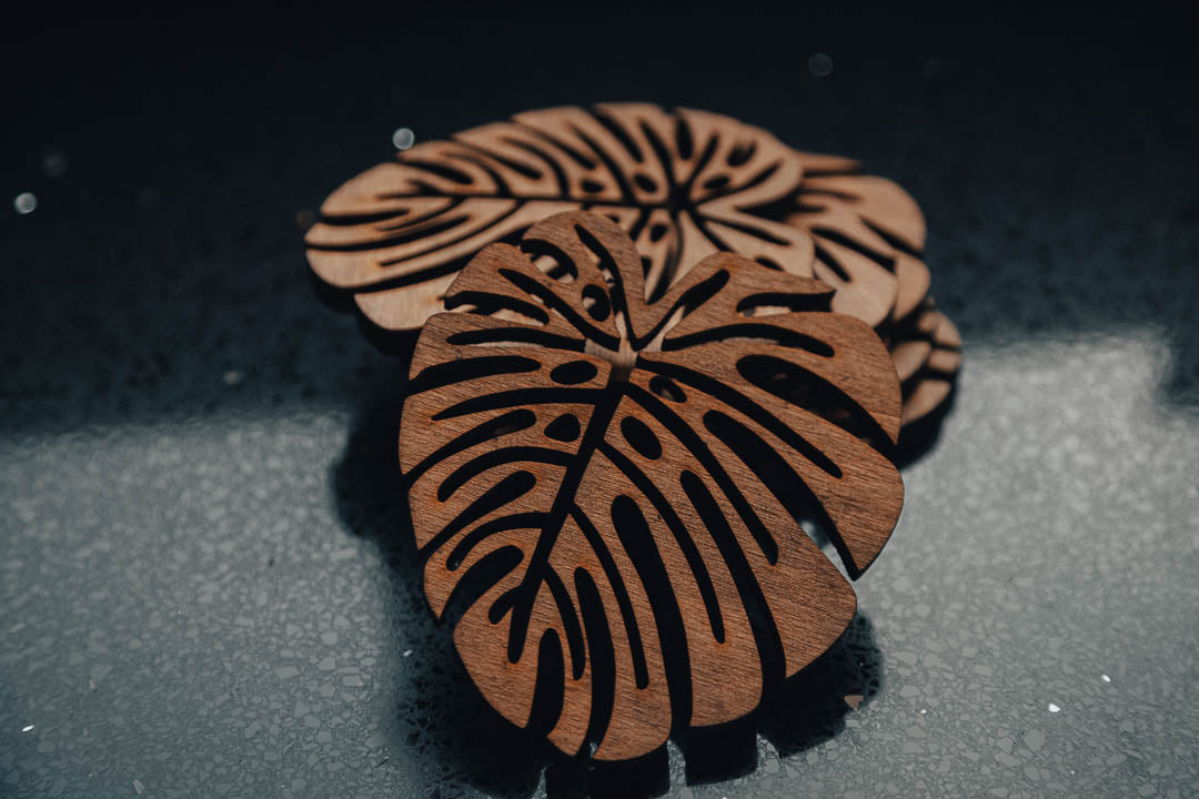 Handcrafted Wooden Leaf Coasters – Exotic Design in English Tan (Set of 6)