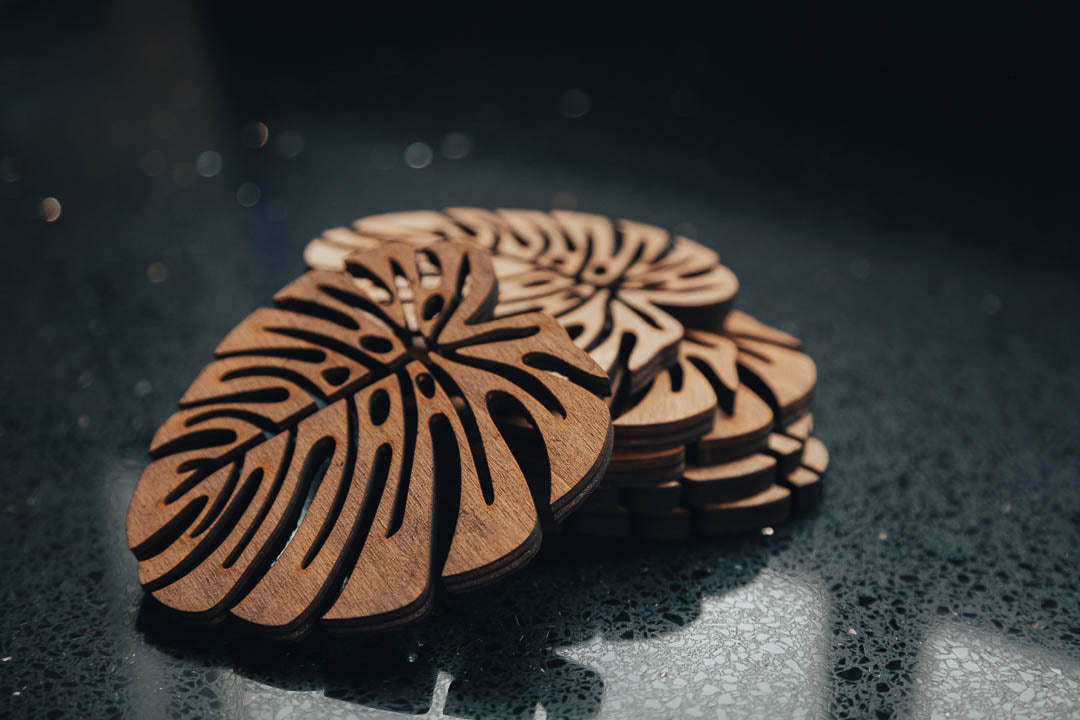 Handcrafted Wooden Leaf Coasters – Exotic Design in English Tan (Set of 6)